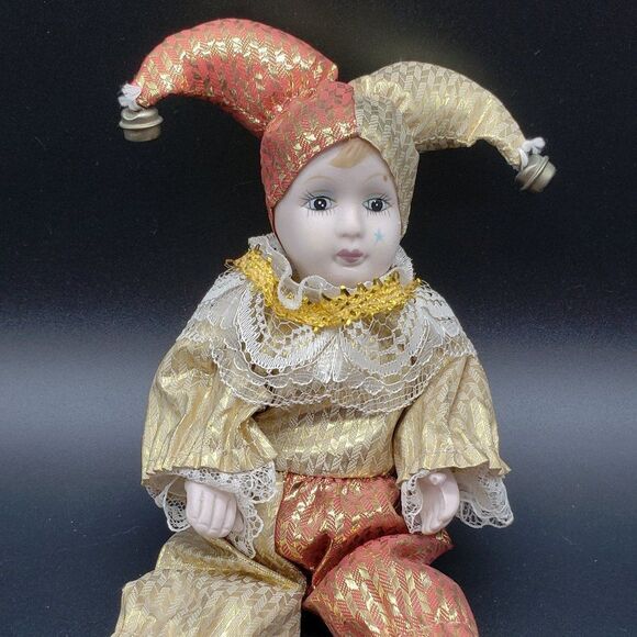 Vintage Bendable Porcelain Gold Red Lace Bells Harlequin Jester Clown Figurine - Picture 2 of 8